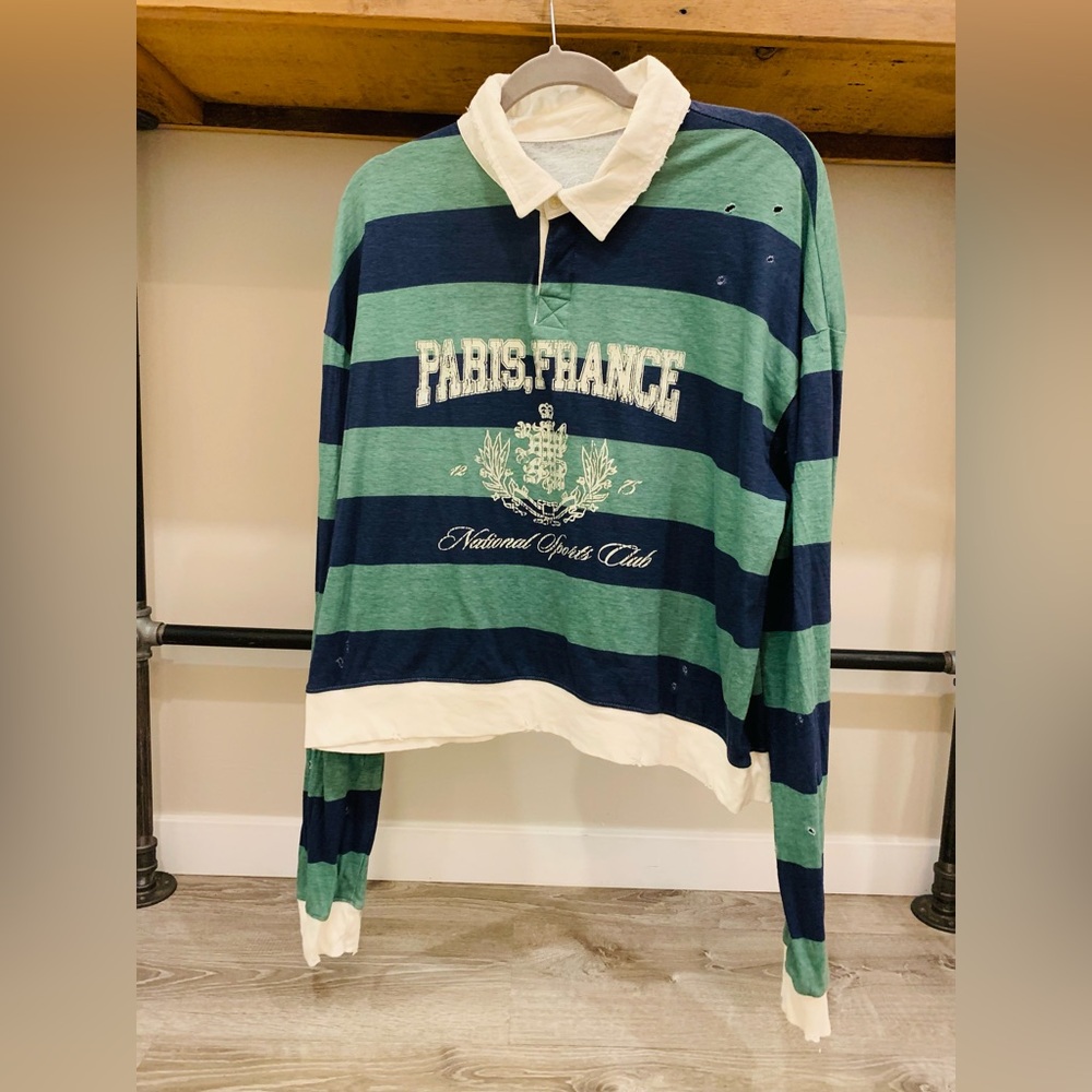 Vintage Distressed Graphic Blue and Green Striped Rugby Shirt (L)
